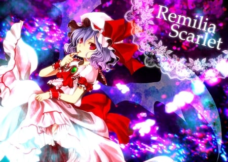 Remilia Scarlet - remilia scarlet, girl, hat, purple hair, red eyes, touhou, cute, short hair, dress