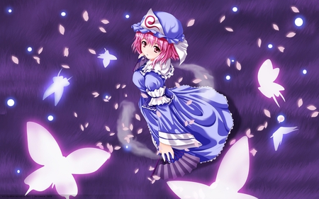 Yuyuko Saigyouji - hat, short hair, touhou, yuyuko saigyouji, dress, girl, cute, butterfly