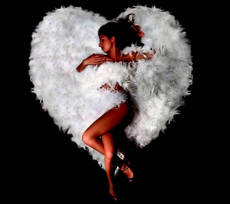 Woman Like An Angel - woman, female, white heart, feather, brunette, model