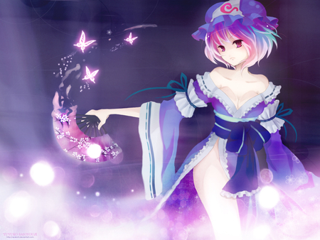 Yuyuko Saigyouji - hat, short hair, touhou, yuyuko saigyouji, dress, girl, butterfly