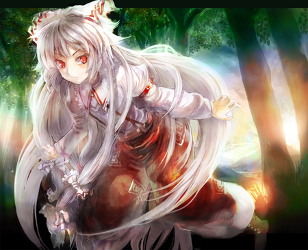 Fujiwara no Mokou - red eyes, touhou, girl, ribbons, long hair, dress, fujiwara no mokou