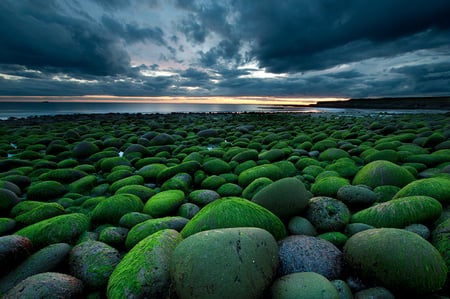 Sunset - sky, sunset, storm, nature, clouds, beautiful, colors, stones, sea