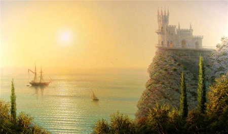 A. Goryachev. Romantycheskaya marina - a goryachev, castle, sunset, sea, painting, art