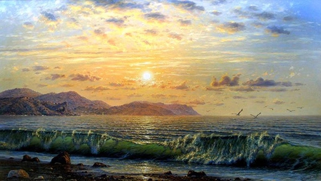 A. Goryachev. - sky, a goryachev, wave, sunset, sea, painting, art