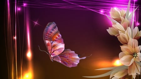 Magic of Light - butterfly, magical, bright, pink, light, firefox persona, flowers, orange