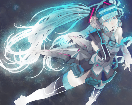 Hatsune Miku - aqua, hot, headset, thighhighs, music, anime girl, stockings, white, art, cool, artistic, hatsune miku, skirt, sexy, song, vocaloids, program, vocaloid, pink, beautiful, uniform, diva, beauty, nice, twintail, singer, black, virtual, pretty, idol, anime, miku, cute, mecha, girl, cg, hatsune, microphone, headphones, tie, awesome, digital, gray, outfit