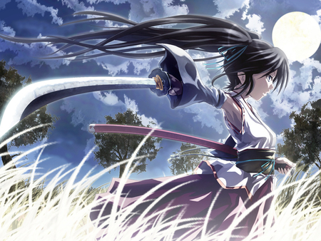 The Way Of The Samurai - girls, full moon, night, samurai, anime, grass