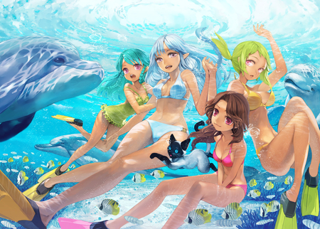 Swimsuit Underwater - bikini top, summer, cat, hot, swimsuit underwater, bikini, fun, anime girls, underwater, animal, cool, water, play, dolphin, fish, sexy, female