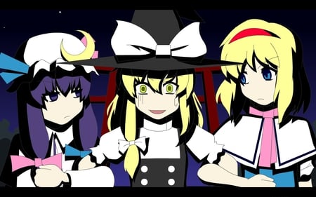 The Three Of Us - blue, blonde, three, girls, black, white, touhou, purple, red