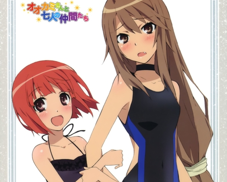 kawaii !! - long brunntte, anime, friends, blush, swimsuits, cute, short red hair