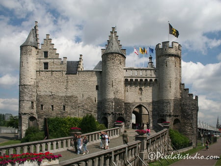 Castle - clouds, brick, architecture, castle, flag, sky, medieval