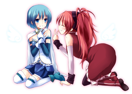 Sayaka and Kyouko - anime, miki sayaka, kawai, girls, mahou shoujo madoka magica, smile, sakura kyouko, cute, sexy