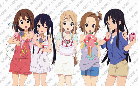 k-on - azusa, brown eyes, blue eyes, long hair, mugi, mio, yui, ritsu, colors, blush, short hair