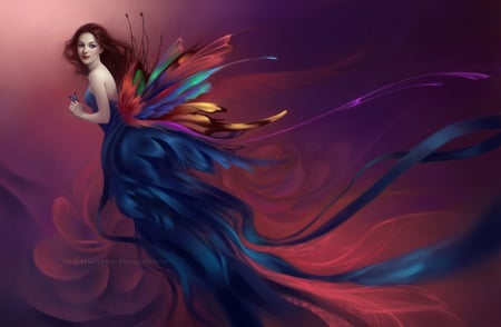 Lady butterfly for Cherie - woman, paradise, hammock, wings, fantasy, painting, art, anime, 3dandcg, lady, girl, flying, butterfly, abstract, blue, wing, beautiful, colors, fairy, colourful, dress