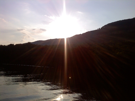 Bright Sunset - sunset, mountain, river, sun