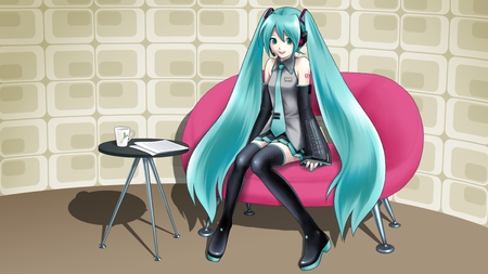 Hatsune Miku - tie, pretty, artistic, recodring studio, pink, uniform, headphones, nice, papers, program, hot, thighhighs, beauty, virtual, chair, cg, white, gray, cute, aqua eyes, song, outfit, sexy, vocaloid, anime, twintail, studio, room, hatsune miku, microphone, music, aqua, stockings, art, idol, anime girl, skirt, beautiful, table, singer, girl, cool, black, miku, awesome, diva, digital, aqua hair, hatsune, vocaloids, headset