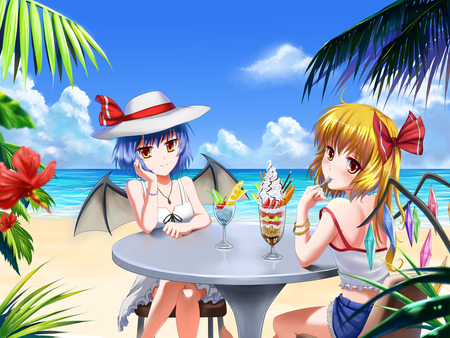 Remilia and Flandre - remilia scarlet, girls, beach, sky, flandre scarlet, hat, blue hair, touhou, blonde hair, short hair, cute