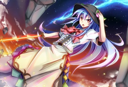 Tenshi Hinanai - hat, touhou, tenshi hinanai, blue hair, dress, girl, sword, long hair