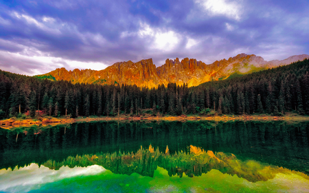 Landscape - beauty, sky, trees, peaceful, water, sunset, mountains, view, clouds, green, tree, grass, lake, landscape, lovely, nature, woods, forest, beautiful, splendor, colors