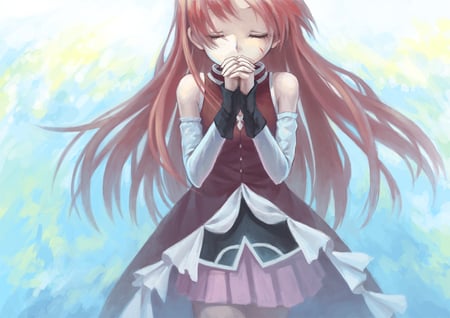 Sakura Kyouko - mahou shoujo madoka magica, sakura kyouko, skirt, scar, girl, pray, red hair, cool, pretty, anime