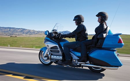 Patsy and Jerry on their World Tour - goldwing, honda, blue, pillion