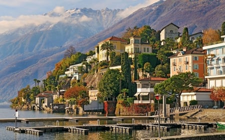 Switzerland - clouds, house, trees, town, beautiful, landscape, pier, nature, lake, switzerland, mountains, houses, sky, bridge