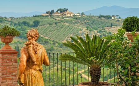 Italy - italy, mountains, landscape, beautiful, statue, vase, hills, leaves, grass, sky, houses, trees, nature, colors, balcony