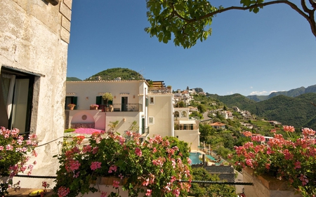 Italy - trees, summer, town, beautiful, landscape, colors, architecture, flowers, nature, mountains, houses, italy, sky