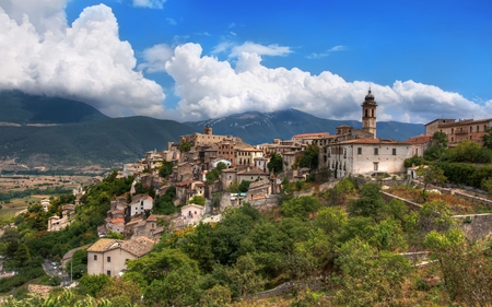 Italy - clouds, trees, town, landscape, buildings, church, architecture, nature, mountains, houses, italy, sky