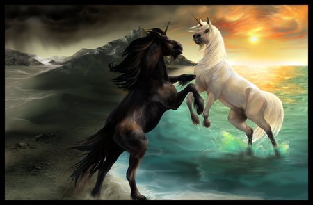 A_Never_Ending_Battle - black, battle, fantasy, white, horses, beach, sun