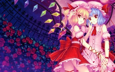 Remilia and Flandre - hat, roses, flandre scarlet, dress, blonde hair, girls, touhou, blue hair, wings, cute, remilia scarlet, shot hair