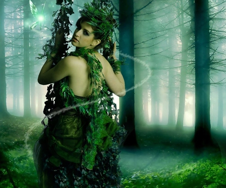 Green Lady of the Forest - woman, lady, forest, beautiful, green, fantasy