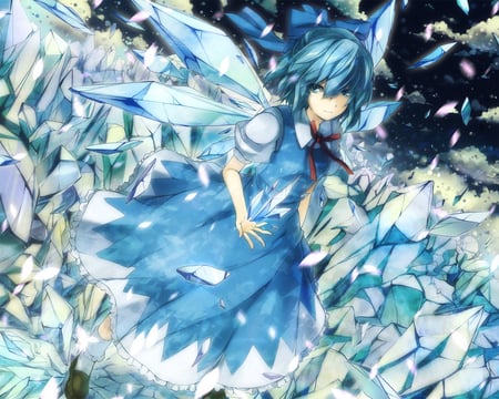 Cirno - cirno, dress, girl, short hair, ice, touhou, blue hair, wings, fairy, ribbons