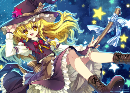 Marisa Kirisame - touhou, girl, broom, dress, witch, long hair, blonde hair, hat, marisa kirisame