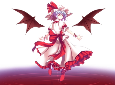 Remilia Scarlet - hat, short hair, touhou, blue hair, wings, dress, girl, remilia scarlet