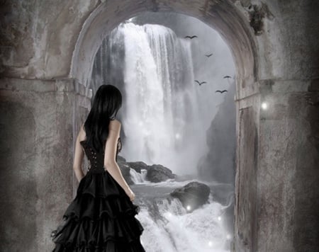 The Passage - black, fantasy, passage, waterfall, woman, dress