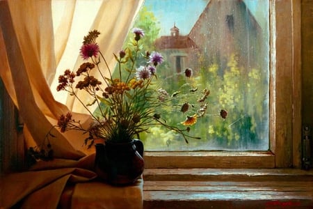 Nicholas Mazur. Summer Evening - painting, art, window, nicholas mazur, flower