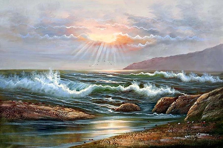 Y. Derrick - nature, y derrick, painting, sea, art, wave, sky