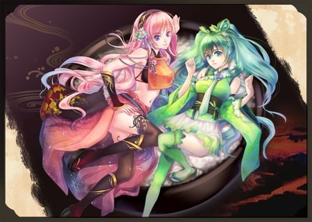 Hatsune Miku & Megurine Luka - pretty, artistic, pink, luka, uniform, nice, program, hot, thighhighs, megurine, beauty, kimono, virtual, cg, white, green, megurine luka, cute, aqua eyes, song, outfit, sexy, vocaloid, anime, twintail, hatsune miku, music, aqua, stockings, red, long socks, socks, pink hair, art, idol, anime girl, beautiful, singer, girl, cool, black, miku, awesome, diva, digital, aqua hair, hatsune, vocaloids