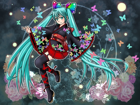 Hatsune Miku - aqua, hot, thighhighs, colorful, music, anime girl, stockings, white, art, cool, aqua eyes, kimono, artistic, hatsune miku, sexy, song, vocaloids, program, vocaloid, pink, beautiful, diva, beauty, nice, sky, twintail, singer, socks, traditional, aqua hair, long socks, black, virtual, pretty, idol, clouds, anime, miku, cute, moon, girl, culture, cg, hatsune, red, awesome, flowers, digital, colors, japanese clothes