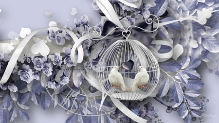 Doves in Blue - roses, birds, firefox persona, leaves, doves, shadows, ribbon, hearts, swirls