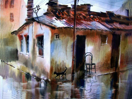 Victor B. Zoellick (watercolor). Koshkin walk - house, painting, victor b zoellic, art, cat, chair