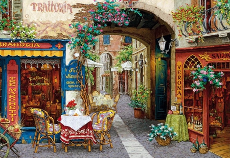 Viktor Shvaiko. Corner of the garden. - art, breakfast, table, old, coffee, pleasure, way, arch, restaurant, beautiful, rest, market, viktor shvaiko, nice, street, italy, romanic, painting, pretty, verona, vines, dinner, relax, morning, houses, lunch, outdoors, lovely, shop, village, town, flowers, cafe, inn