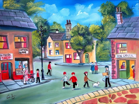 Gordon Bruce. Folk art landscape - folk, people, painting, gordon bruce, dog, art