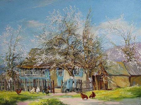 A. Bruno. Cherry Blossom - a bruno, hen, tree, painting, art