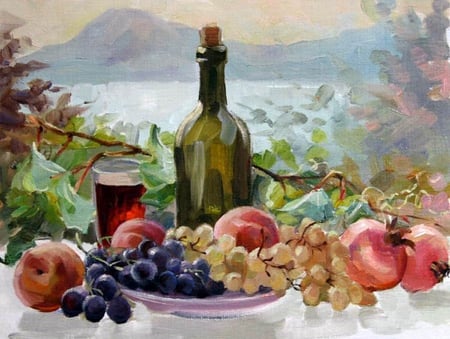 Vedeshin Zinaida. In the evening on the balcony - apple, grape, fruit, vedeshin zinaida, wine, painting, art