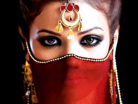 Beauty in scarlet - beauty, woman, veil, red, violet eyes, jewelled, gold