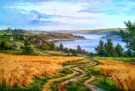 Painting - path, river, nature, painting, art