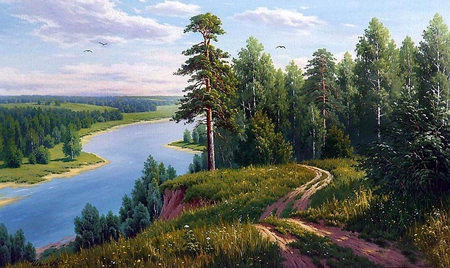 Maxim Ilyin. steep bank - river, painting, maxim ilyin, art, tree