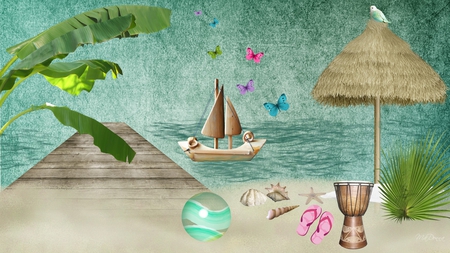 Dream Vacation - beach, dock, palm, drum, flip flops, sea shells, umbrella, boat, butterflies